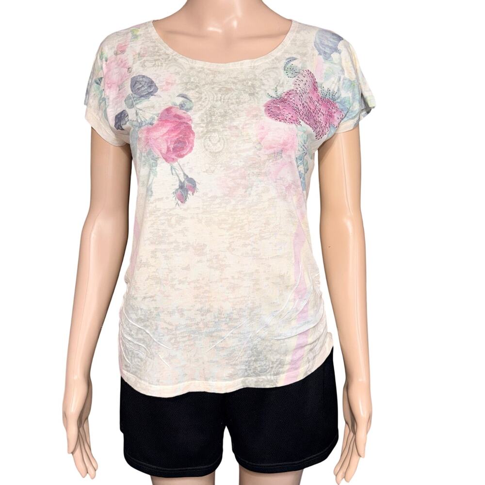 Y2K Joei & I Womens T Shirt Top Short Sleeve Floral Print Jeweled Ruched Medium